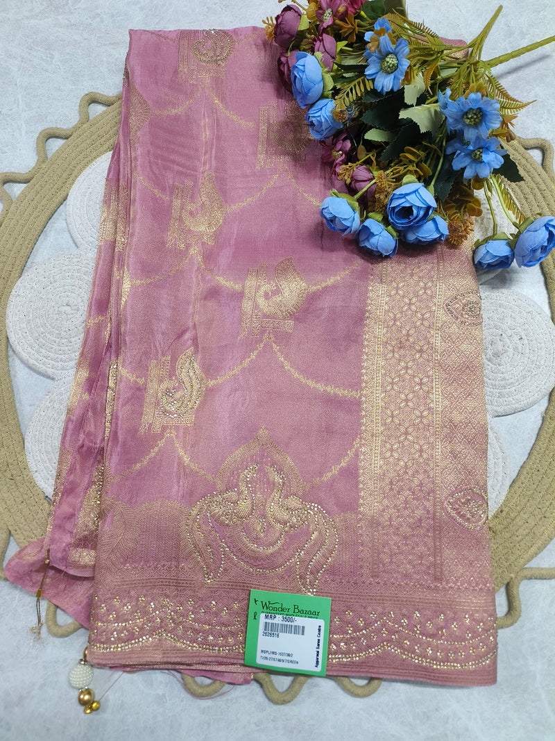 Dusty Rose Pink Fancy Saree with Traditional Golden Motif Embroidery