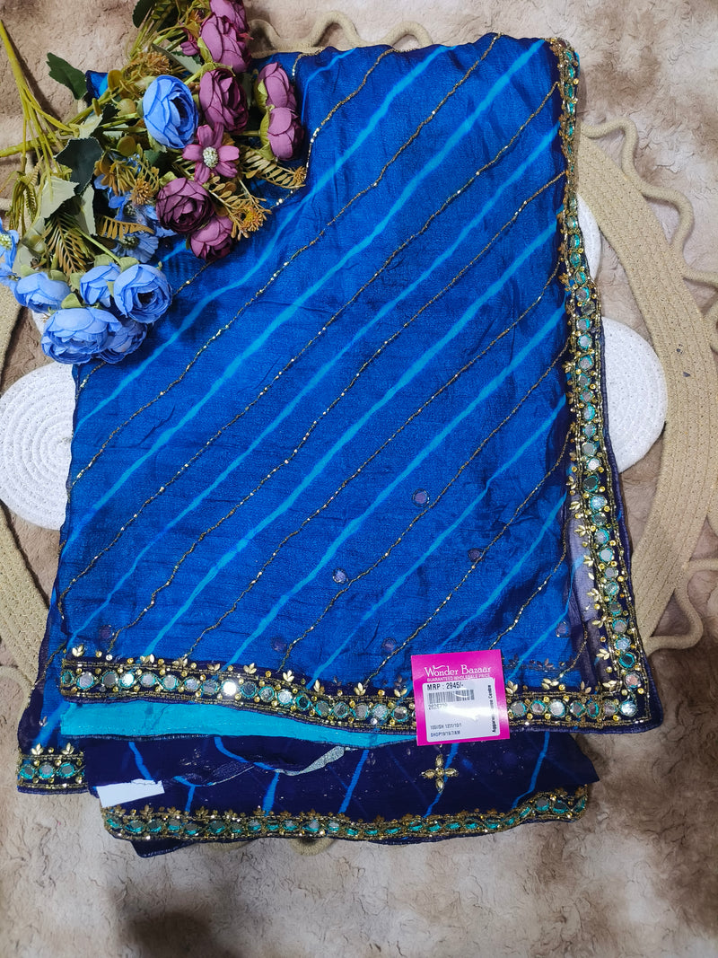 Royal Blue Striped Chiffon Saree with Gold Mirror Border