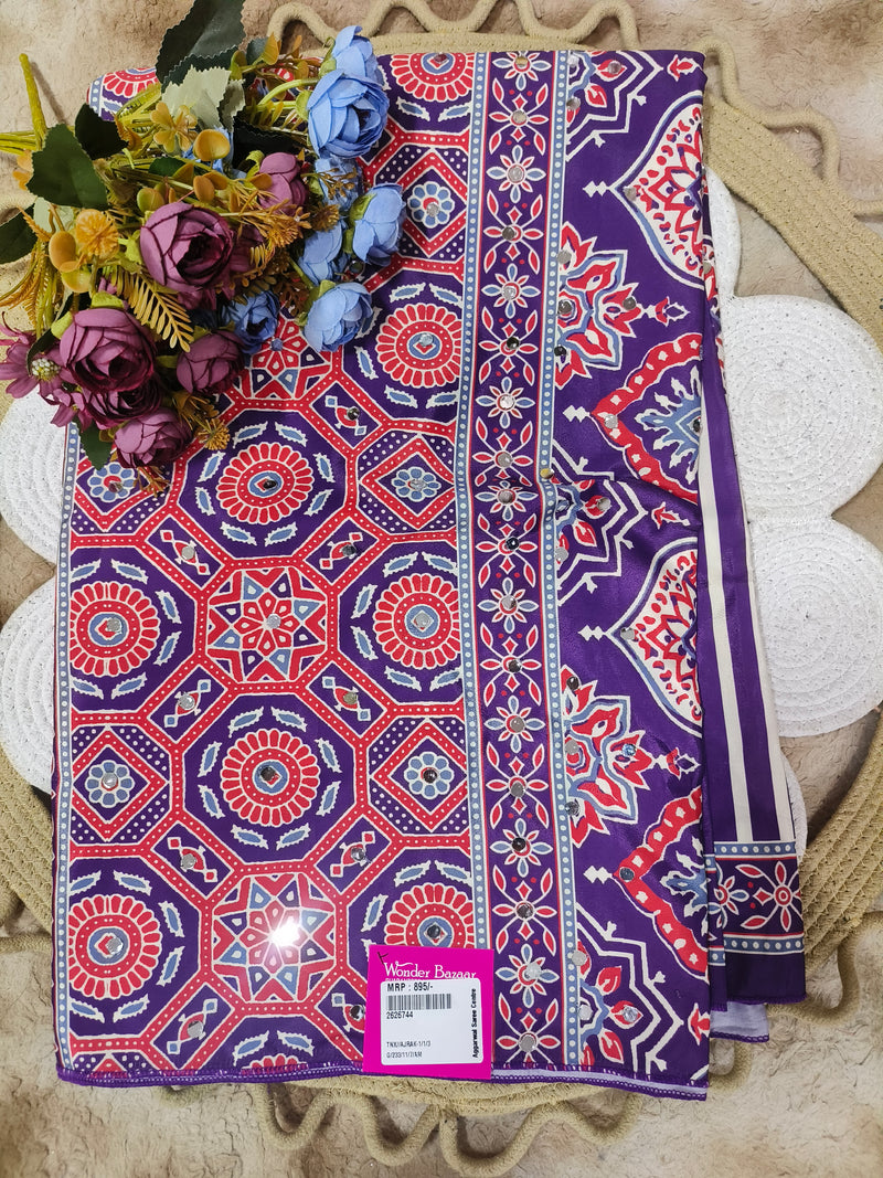 Ethnic Purple and Red Ajrakh Print Saree with Mirror Embellishments