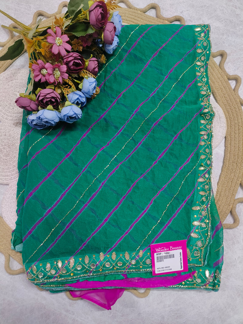 Bright Yellow Striped Fancy Saree with Mirror-Work Border
