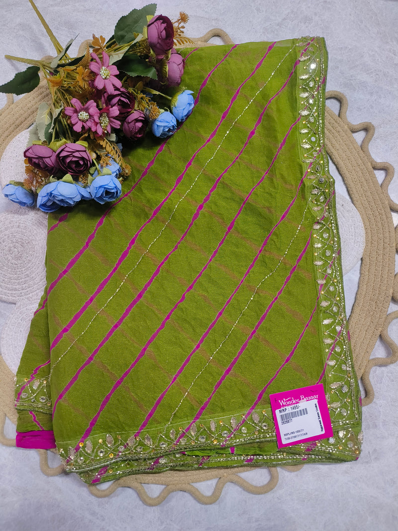 Bright Yellow Striped Fancy Saree with Mirror-Work Border