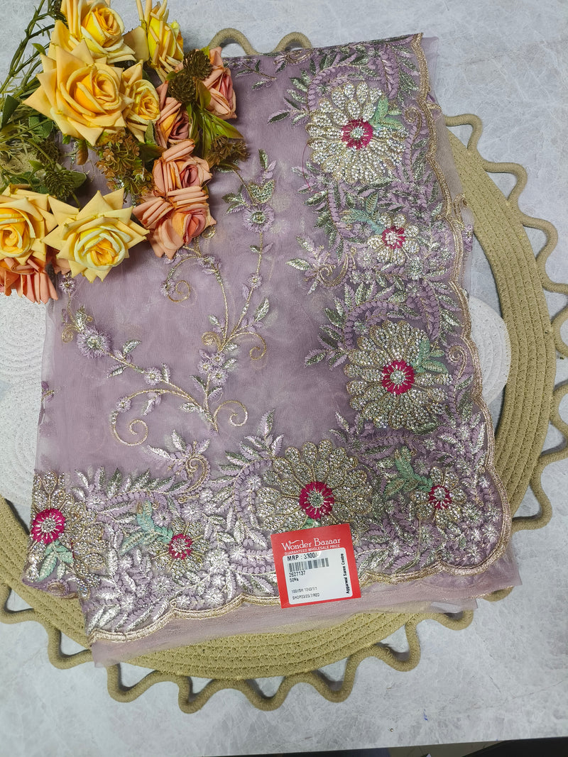 Opulent Mauve Net Saree with Heavy Sequin and Floral Work