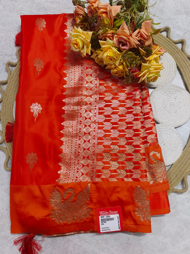 Radiant Red Designer Banarasi Saree with Intricate Zari Weave
