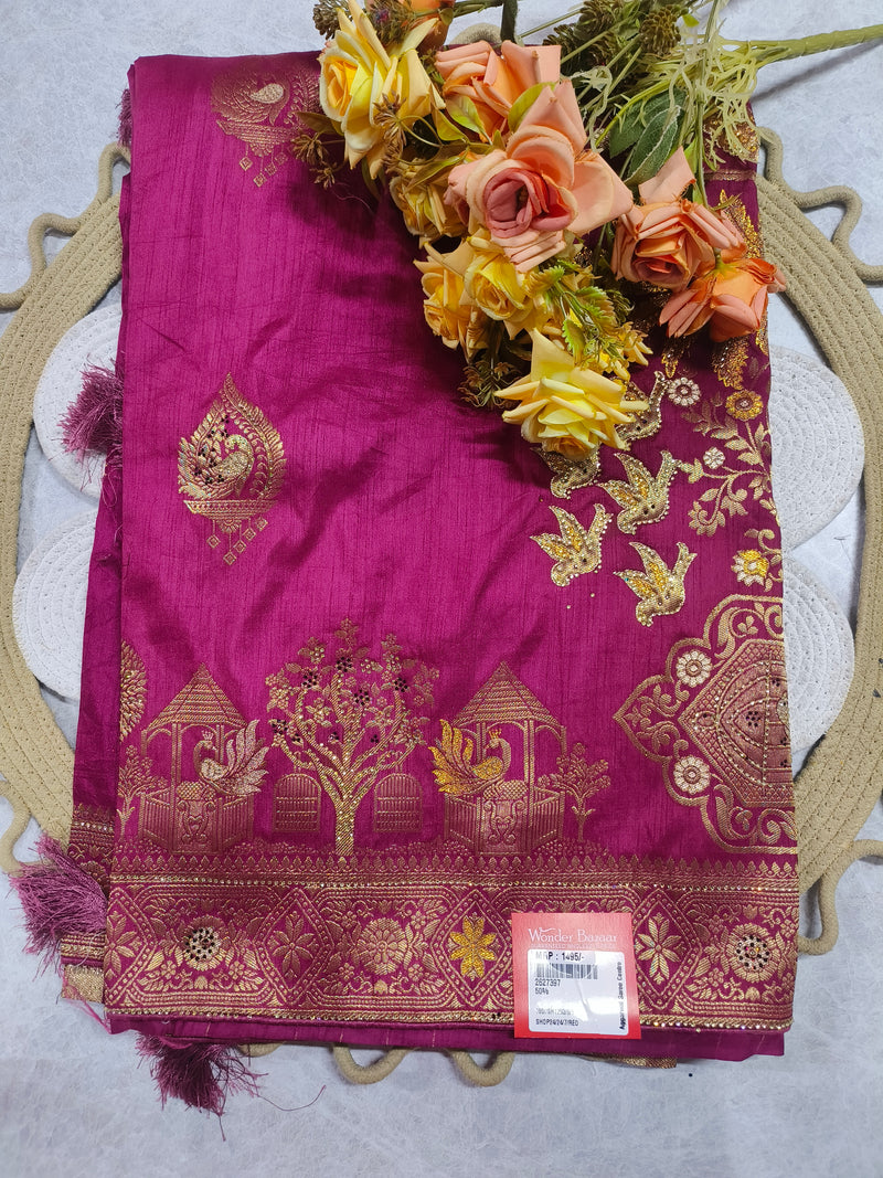 Regal Magenta Banarasi Saree with Artistic Tree & Peacock Zari