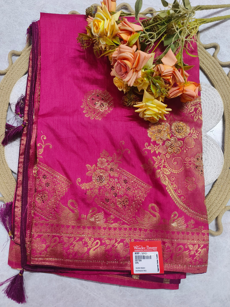 Stunning Pink Banarasi Saree with Intricate Swan Zari Motifs