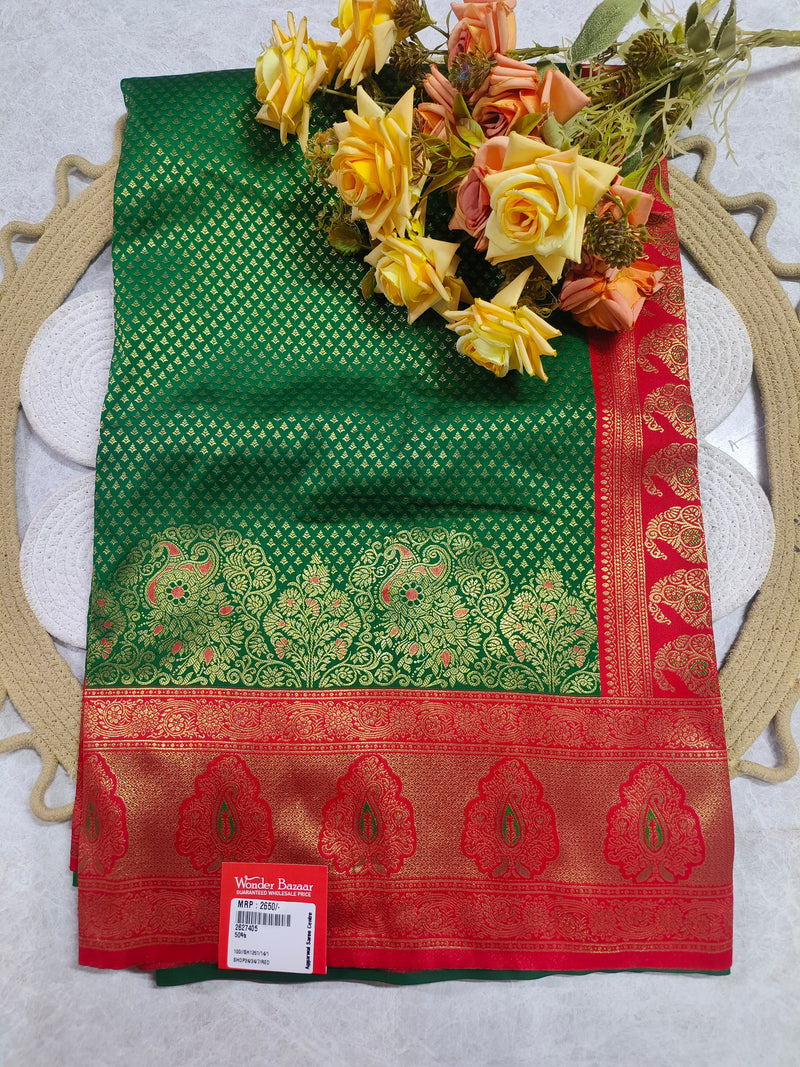 Graceful Emerald Green Banarasi-Inspired Saree with Red Border