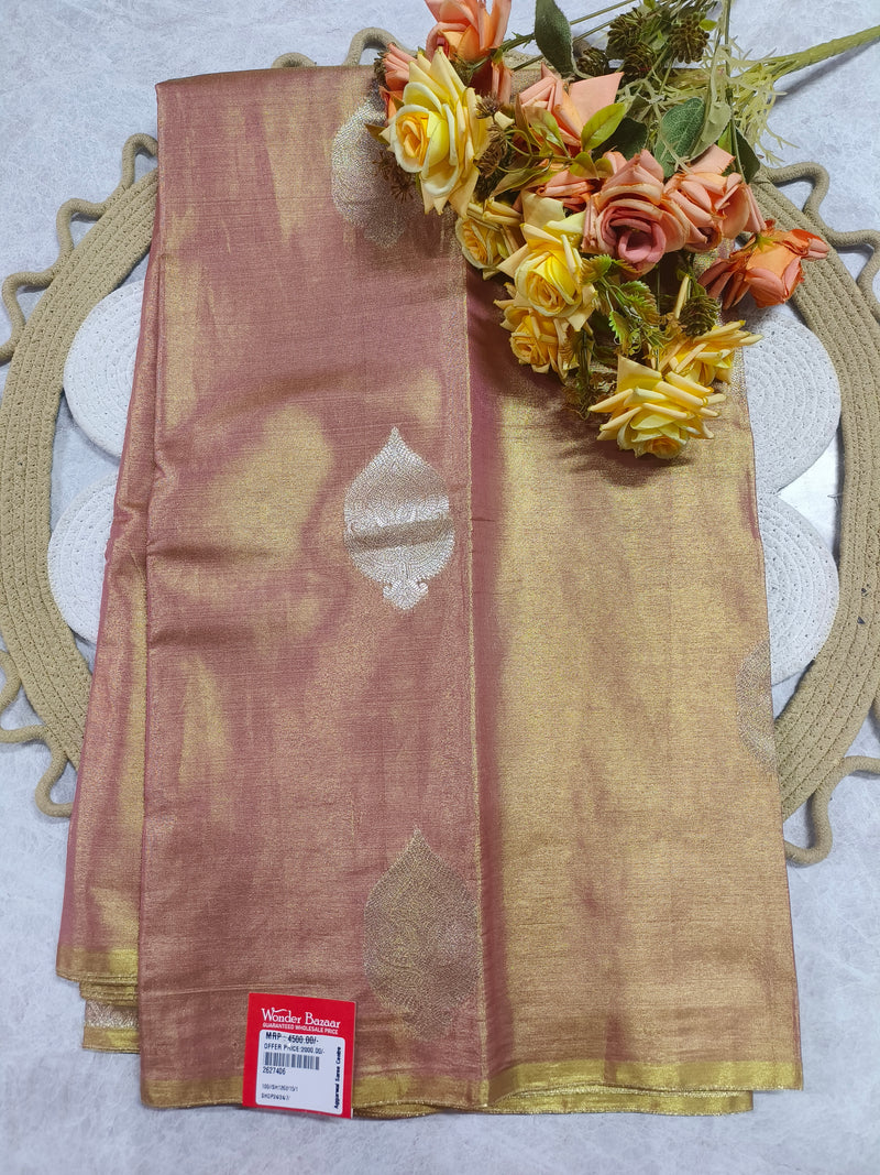 Sophisticated Rose Gold Shimmer Saree with Silver Leaf Accents