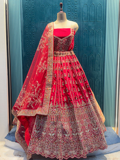 Opulent Crimson Red Bridal Lehenga Set with Zari & Sequin Work