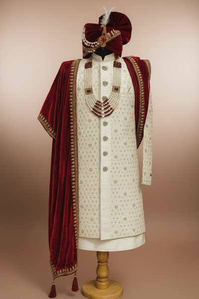 The Grand Maharaja: Heavily Embroidered Ivory Sherwani Set with Gold Detailing