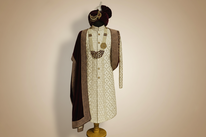 Regal Wedding Sherwani Ensemble: A Fusion of Ivory and Royal Velvet