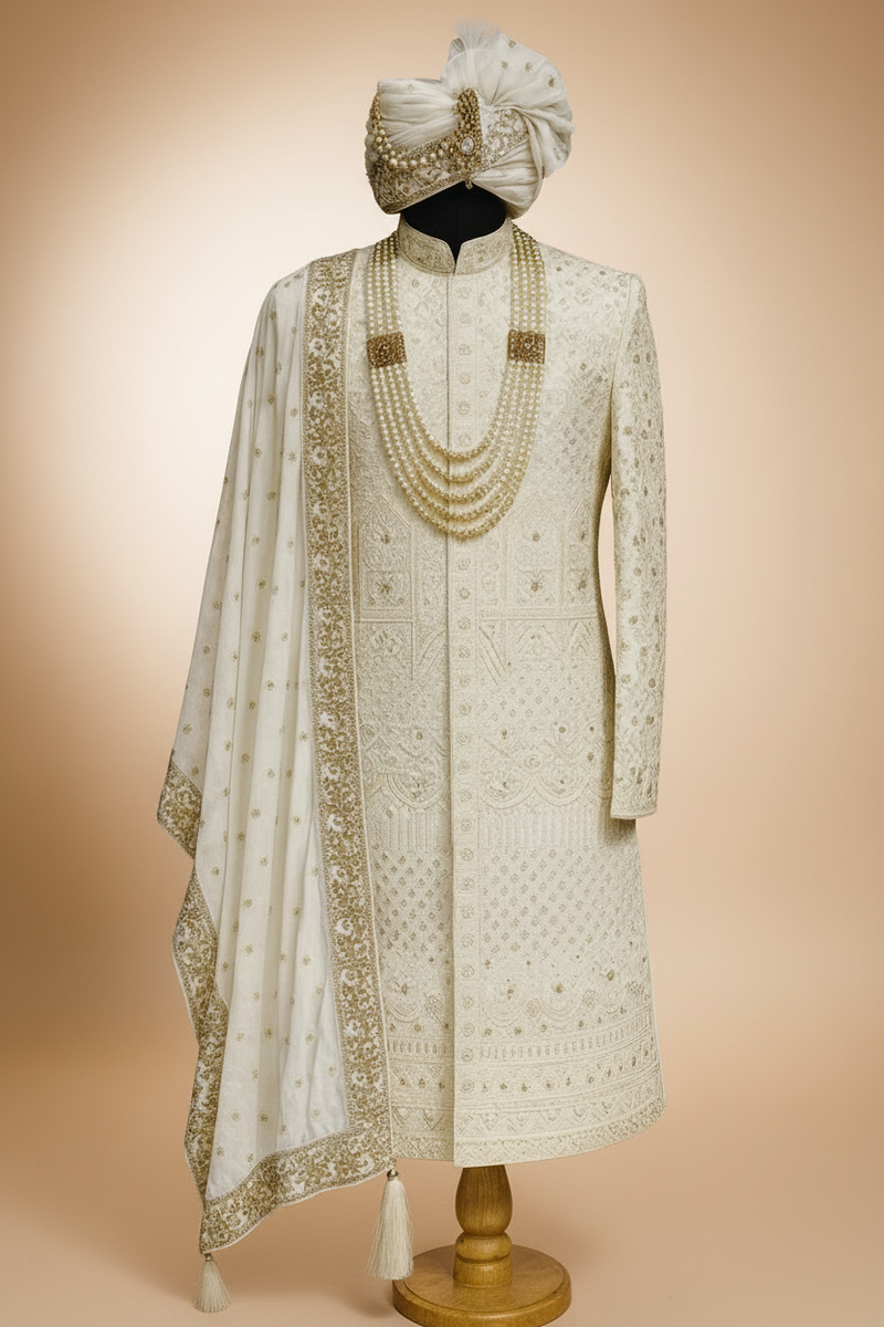 The Royal White Dream: Heavily Embroidered Sherwani Set for the Grand Groom