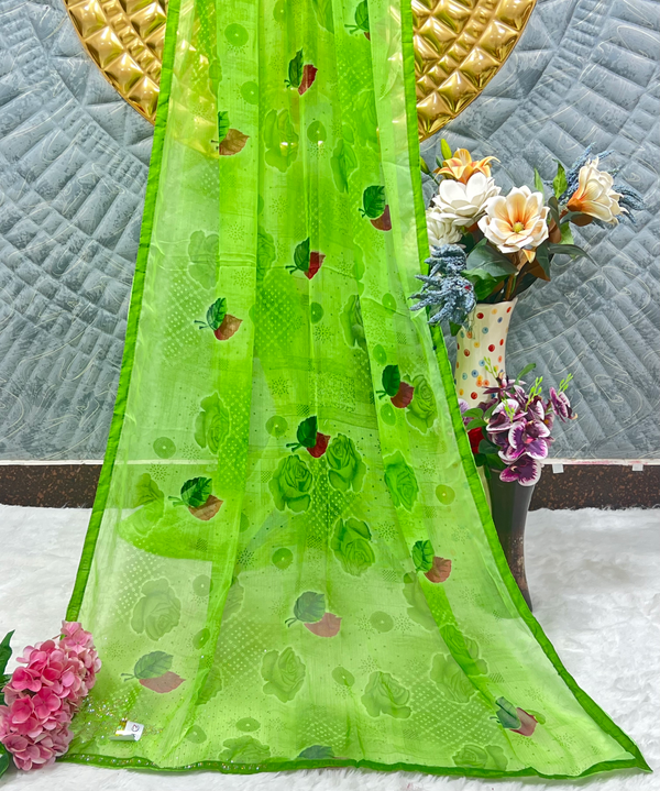 Charming Lime Green Floral Georgette Saree with Sequin Accents