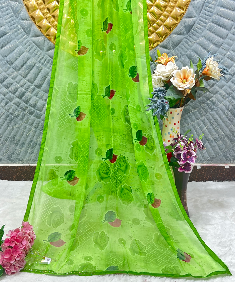 Charming Lime Green Floral Georgette Saree with Sequin Accents