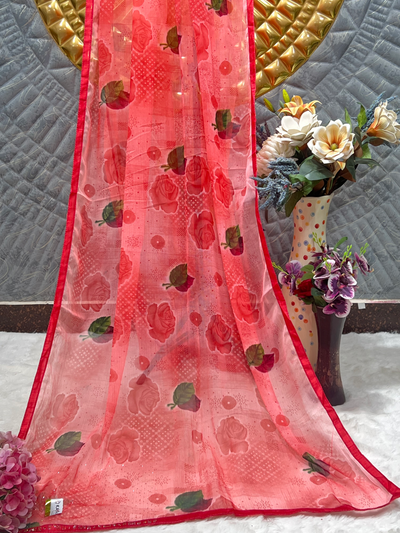 Charming Peach Floral Print Chiffon Saree with Red Border
