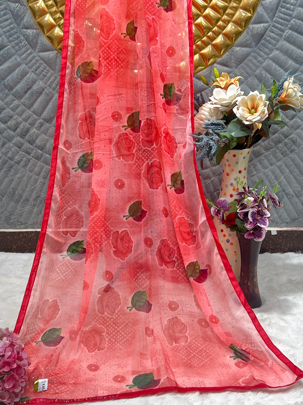 Charming Peach Floral Print Chiffon Saree with Red Border