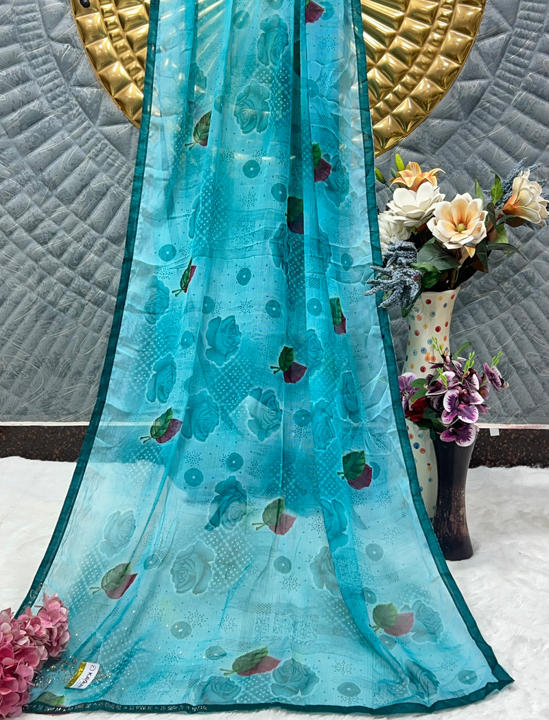 Vibrant Turquoise Blue Floral Print Georgette Blend Saree with Shimmer