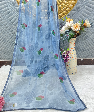 Charming Sky Blue Floral Georgette Saree with Sequin Accents