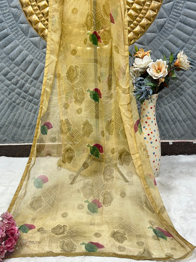 Charming Golden Beige Floral Saree with Subtle Sparkle