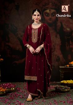 Luxurious Mahroon Velvet Winter Suit with Golden Zari Work