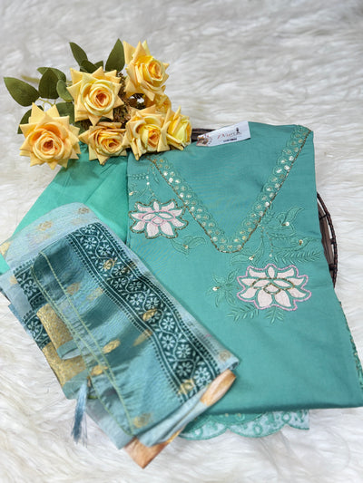 Elegant Aqua Teal Embroidered Cotton Suit Set with Dupatta