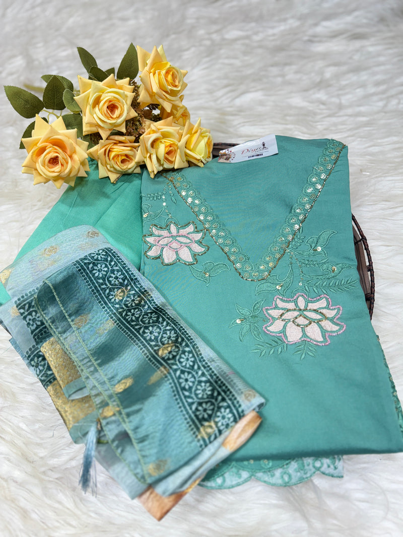 Elegant Aqua Teal Embroidered Cotton Suit Set with Dupatta