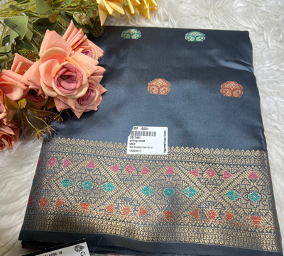 Charcoal Grey Art Silk Saree with Multicolor Zari Weave & Traditional Motifs