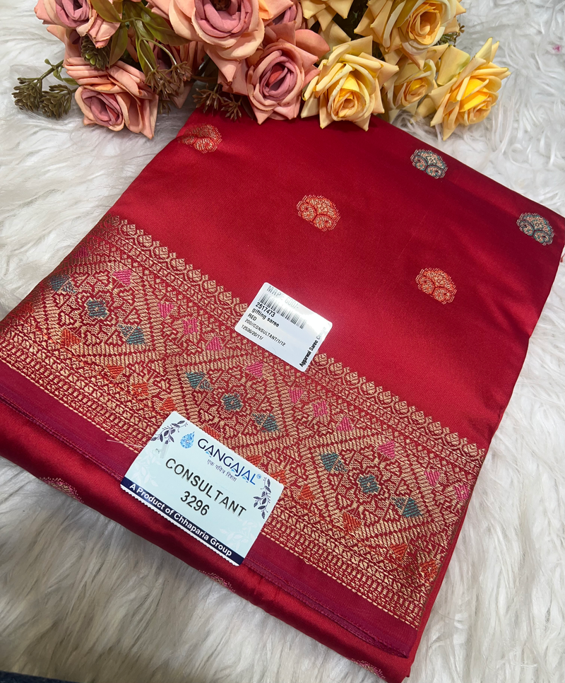 Vibrant Red Banarasi Silk Saree with Gold Zari Woven Border