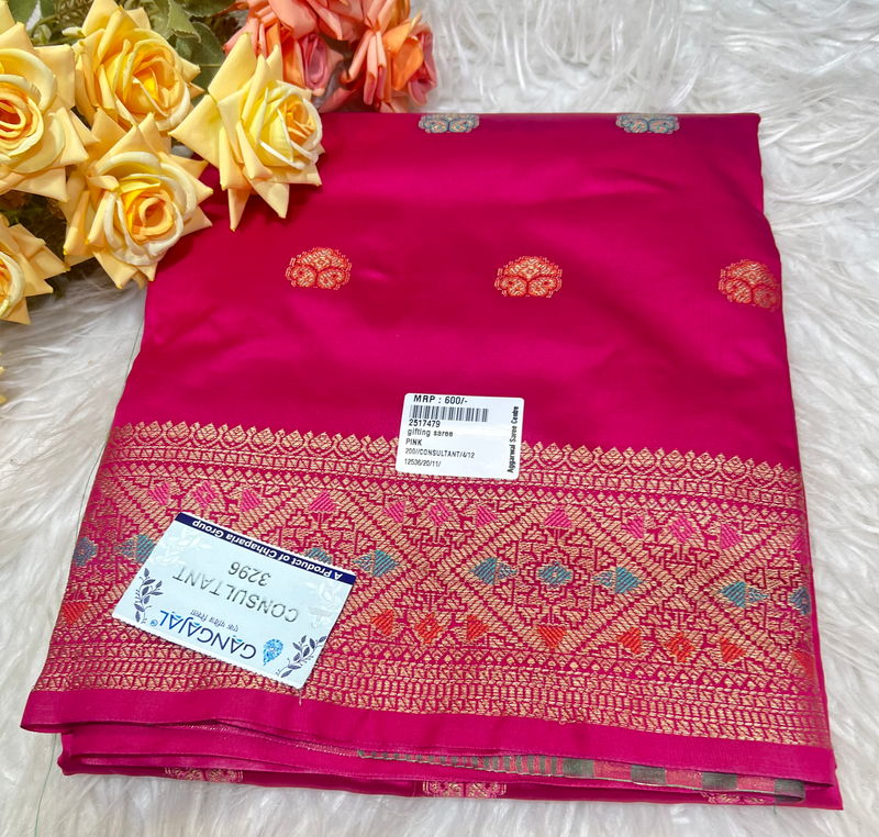 Vibrant Rani Pink Silk Blend Saree with Golden Zari & Traditional Weave