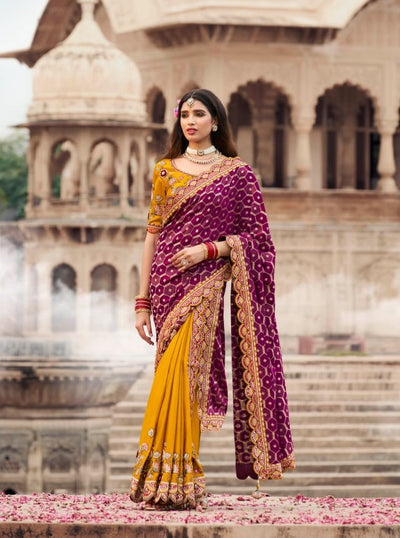 Regal Purple & Mustard Dual Tone Embroidered Georgette Saree