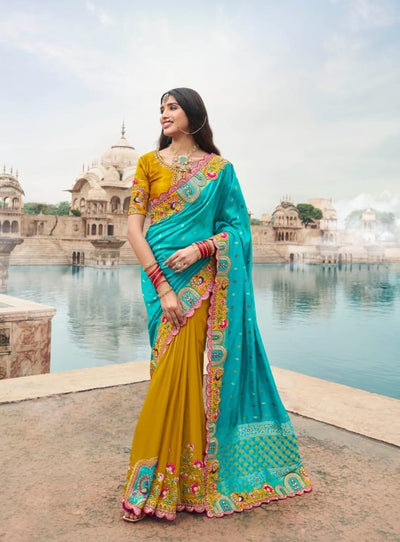 Vibrant Teal & Mustard Yellow Embroidered Half-Saree