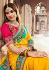 Vibrant Yellow Georgette Saree with Teal Embroidered Pallu