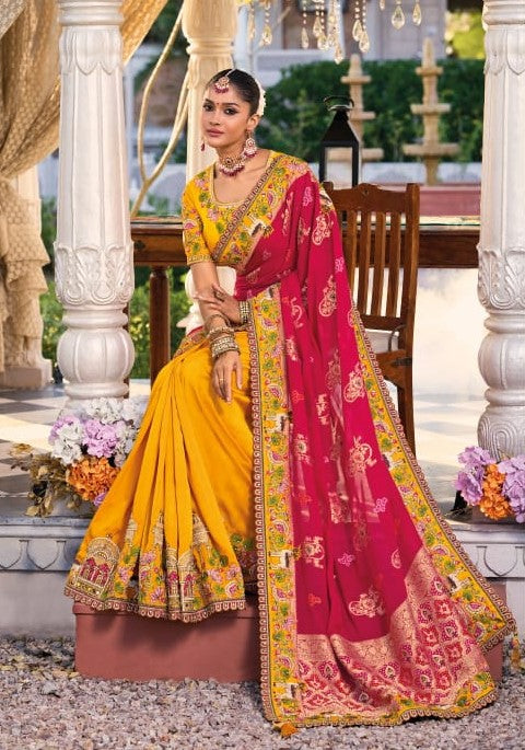 Vibrant Golden Yellow & Rani Pink Embroidered Designer Saree