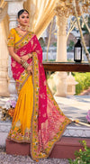 Vibrant Golden Yellow & Rani Pink Embroidered Designer Saree