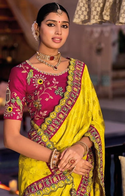 Vibrant Yellow Silk Blend Saree with Magenta Embroidered Blouse