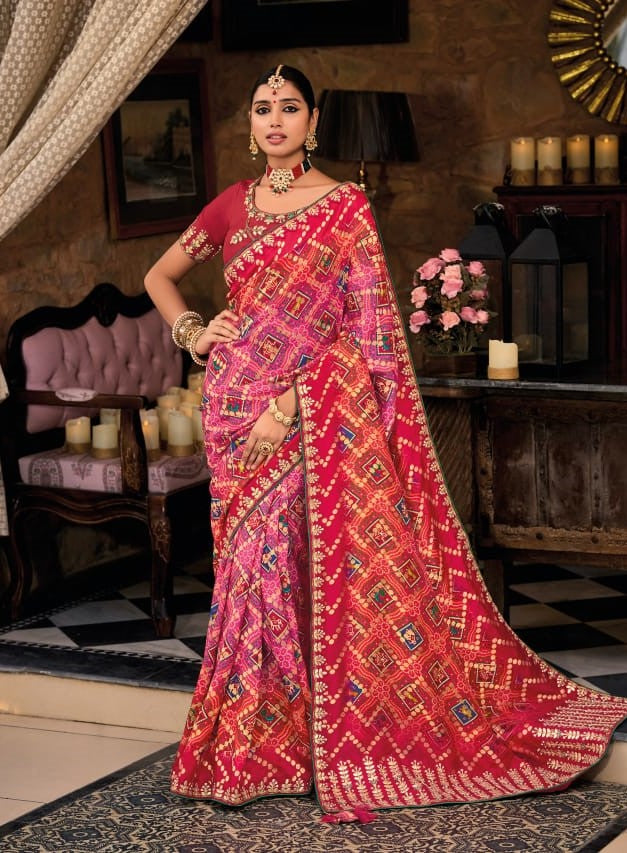 Vibrant Rani Pink & Red Bandhani Print Georgette Saree