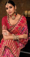 Vibrant Rani Pink & Red Bandhani Print Georgette Saree