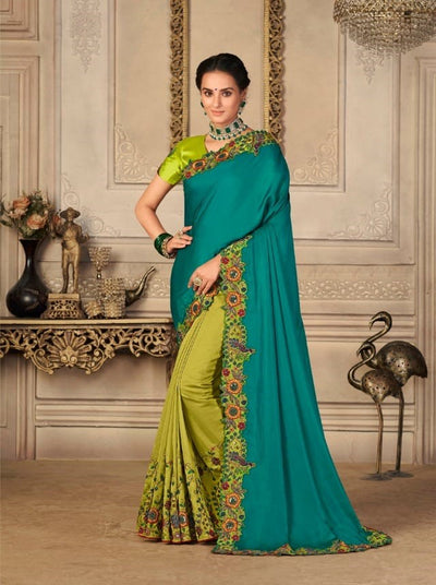 Vibrant Peacock Blue & Lime Green Embroidered Designer Saree