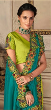 Vibrant Peacock Blue & Lime Green Embroidered Designer Saree
