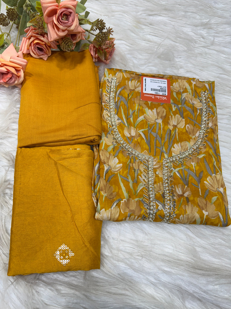 Mustard Yellow Floral Print Unstitched Salwar Suit with Zari & Pearl Work
