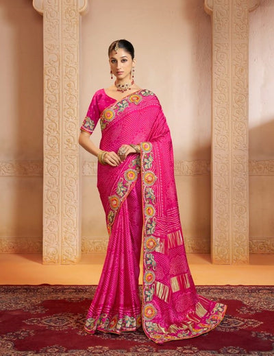 Vibrant Rani Pink Bandhani Saree with Intricate Floral Embroidery