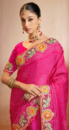 Vibrant Rani Pink Bandhani Saree with Intricate Floral Embroidery