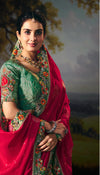 Glamorous Rani Pink & Teal Green Half-and-Half Embroidered Saree