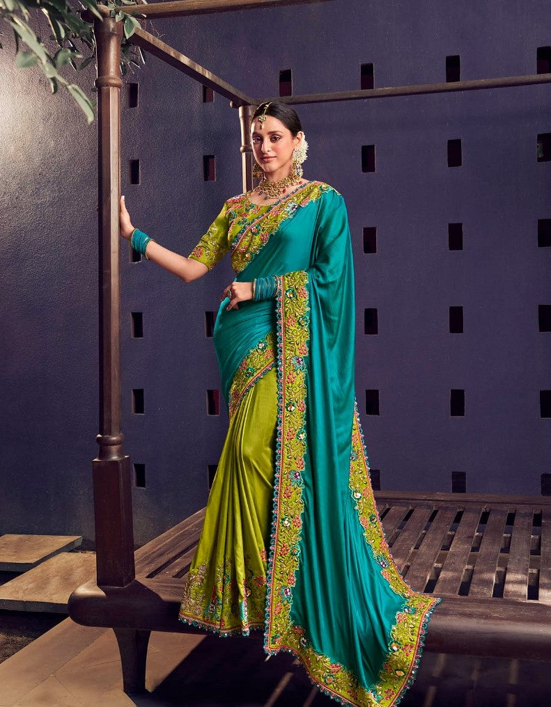 Vibrant Teal & Lime Green Embroidered Saree - Festive Designer Wear