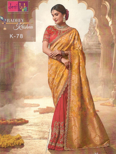 Mustard Golden & Maroon Silk Blend Saree with Zari & Sequin Work