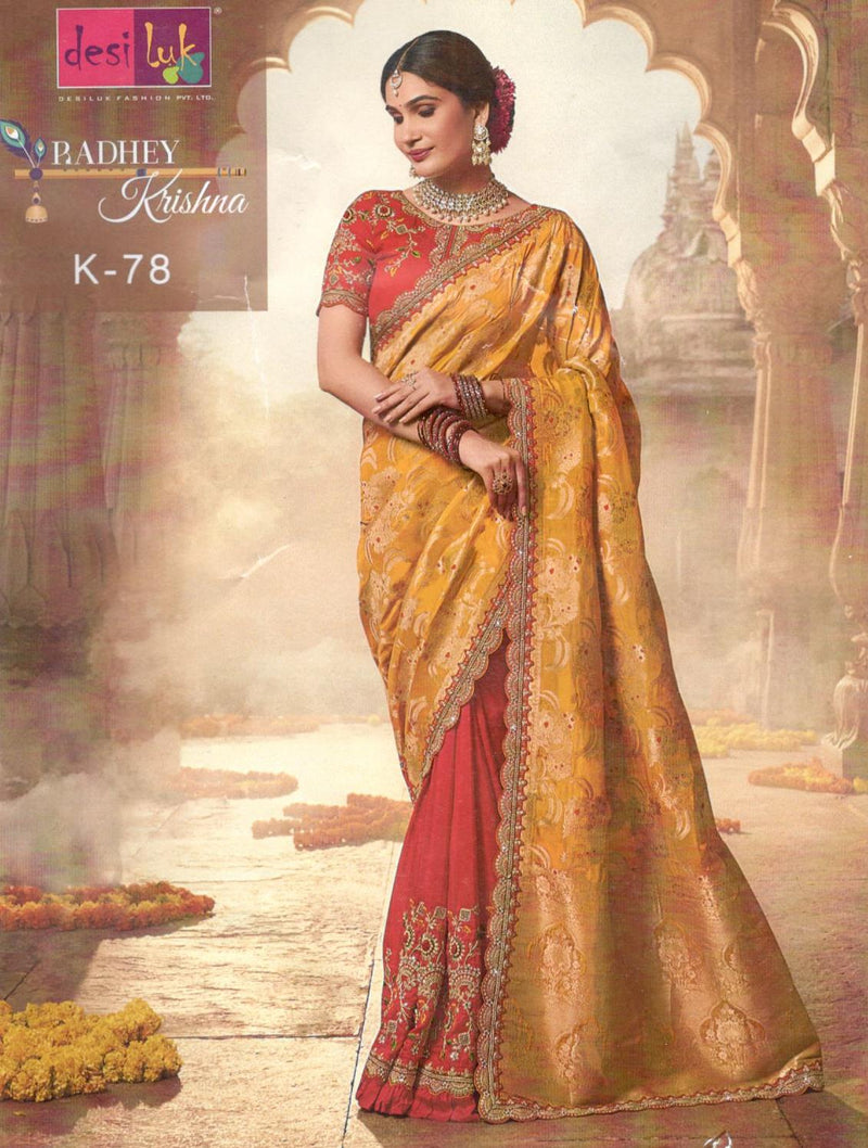 Mustard Golden & Maroon Silk Blend Saree with Zari & Sequin Work