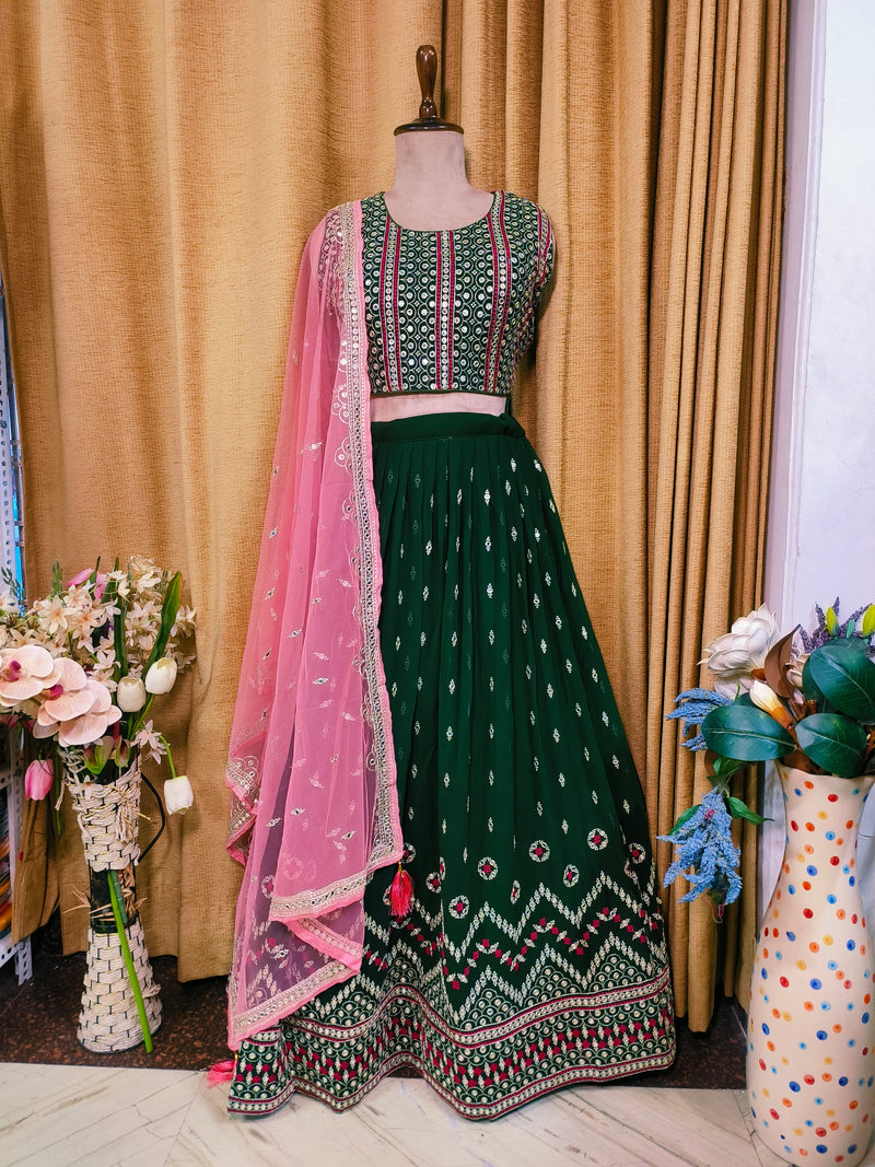 Elegant Mirror Work Crop Top Lehenga Set with Pink Dupatta