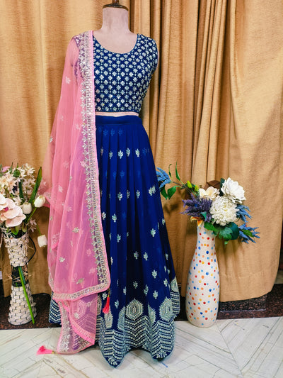 Royal Blue Mirror Work Crop Top Lehenga Set with Pink Dupatta