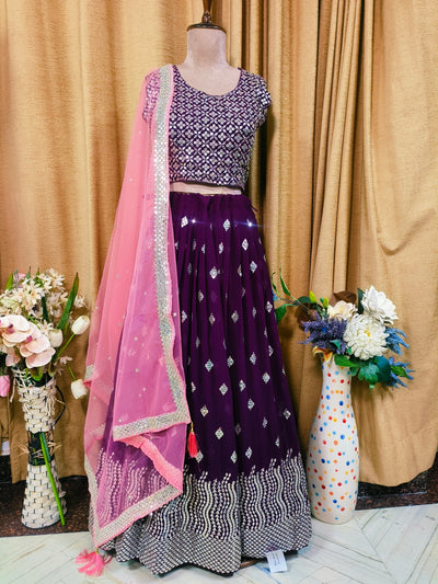 Purple Mirror Work Crop Top Lehenga Set with Pink Dupatta