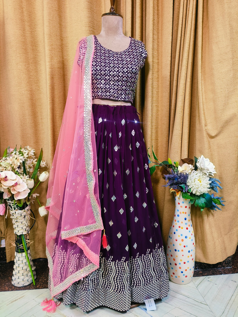 Purple Mirror Work Crop Top Lehenga Set with Pink Dupatta