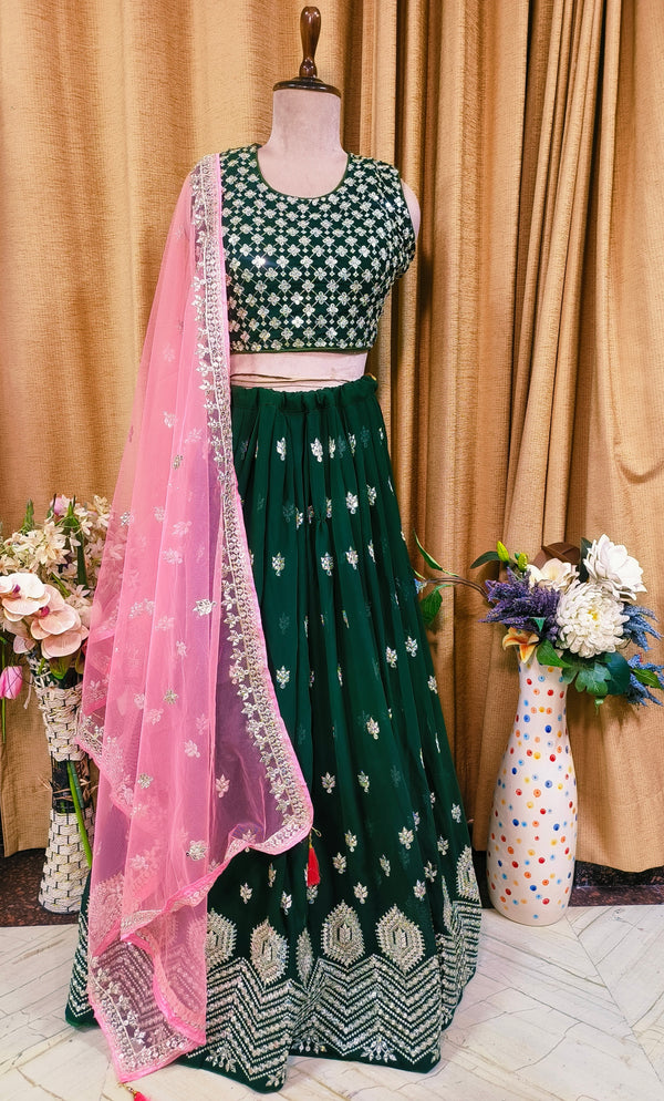 Bottle Green Mirror Work Crop Top Lehenga Set with Pink Dupatta